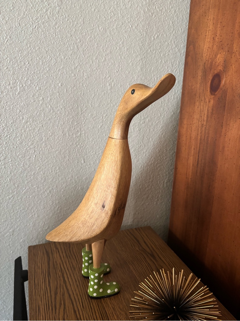 DCUK brand collectible Wooden Duck Figurine with Green Polka Dot Wellie Boots - Picture 5 of 8
